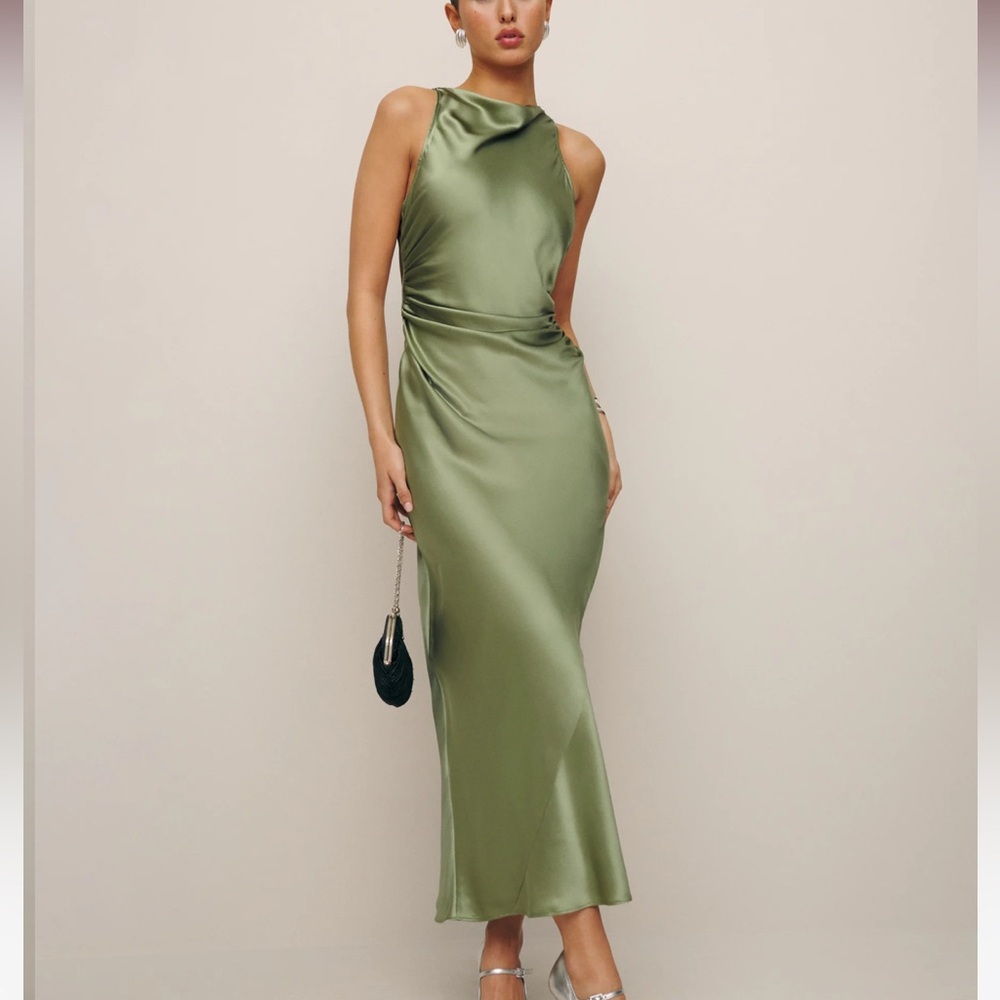 Reformation Casette Silk Dress in Sage Green